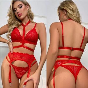 Women Lace Lingerie With Garter Belts Strap Babydoll Bralette Bra and Panty Set